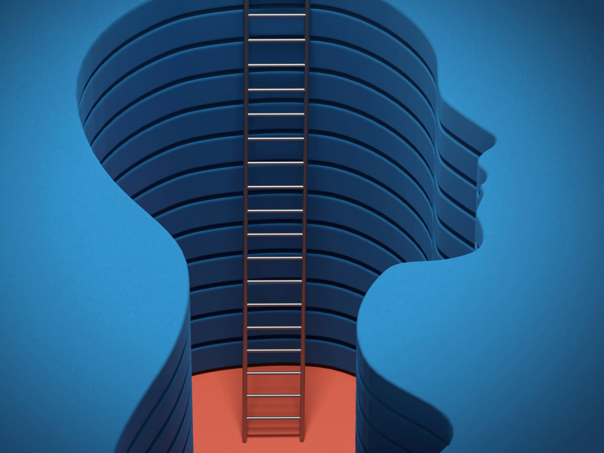 Illustration eines stilisierten Kopfes in Blautönen mit einer Leiter, die nach oben ins Innere führt.